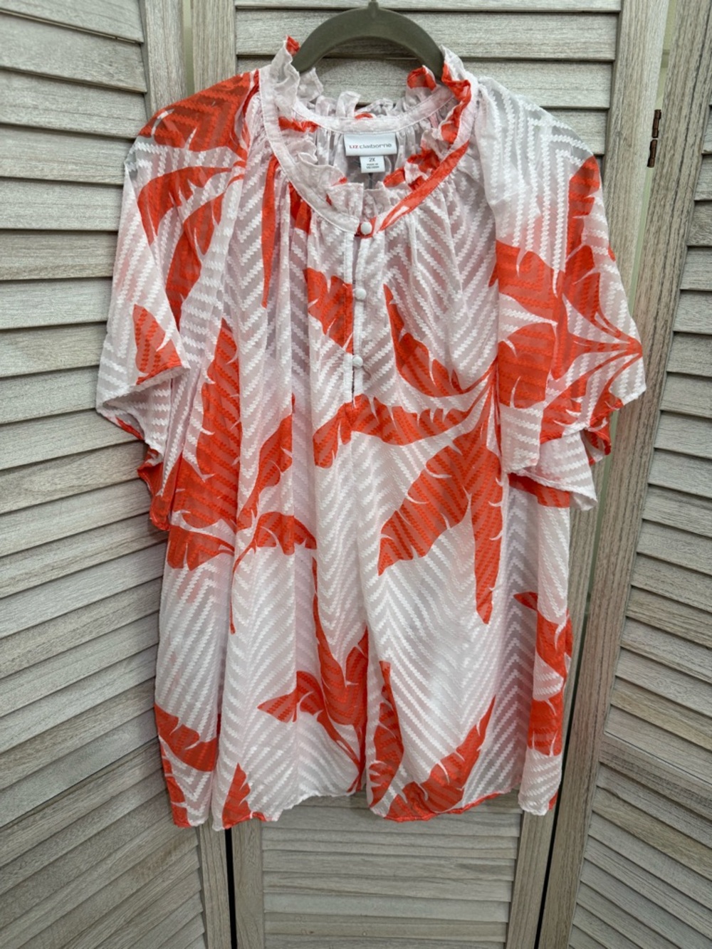 Liz Claiborne White Blouse with Bright Orange Leaf Print